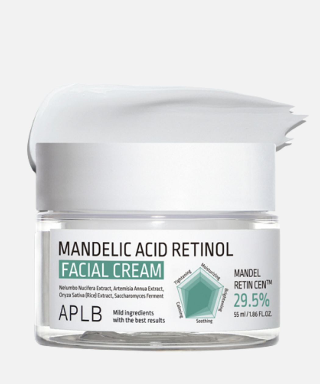 Crema facial de APLB con ácido mandélico y retinol, diseñada para exfoliar suavemente la piel y mejorar los signos del envejecimiento.