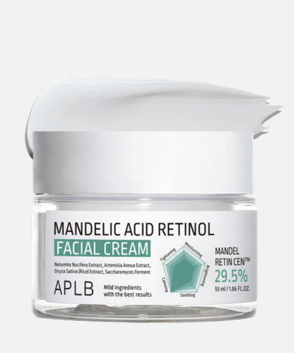 Crema facial de APLB con ácido mandélico y retinol, diseñada para exfoliar suavemente la piel y mejorar los signos del envejecimiento.