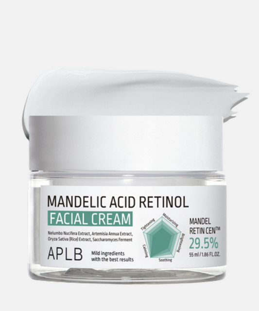 Crema facial de APLB con ácido mandélico y retinol, diseñada para exfoliar suavemente la piel y mejorar los signos del envejecimiento.